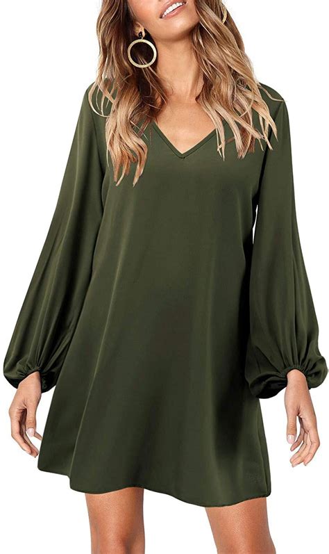 Women S Casual Chiffon Tunic Dress Long Sleeve V Neck Loose Flowy Swing