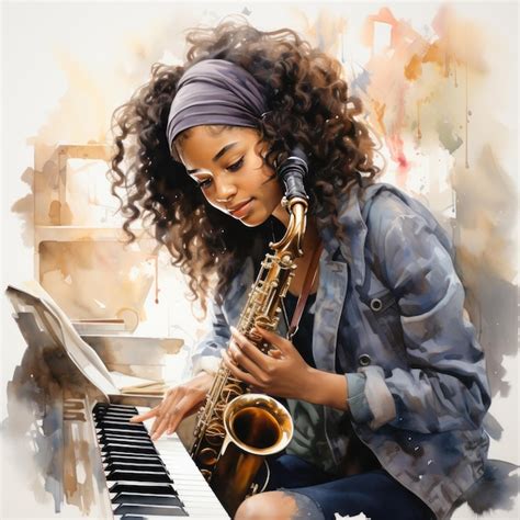 Premium Ai Image Melodic Brilliance Captivating Watercolour Portrait Of A Talented Black Girl