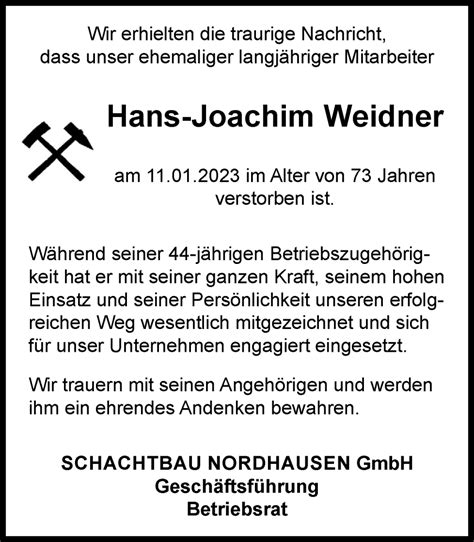 Traueranzeigen Von Hans Joachim Weidner Trauer In Thueringen De