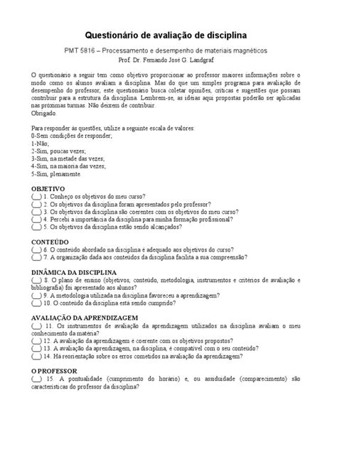 Questionário De Avaliação De Disciplina Pdf Aprendizado Cognição