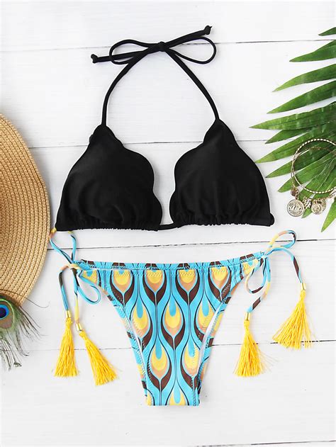 Feather Print Tassel Tie Triangle Bikini Set Shein Sheinside