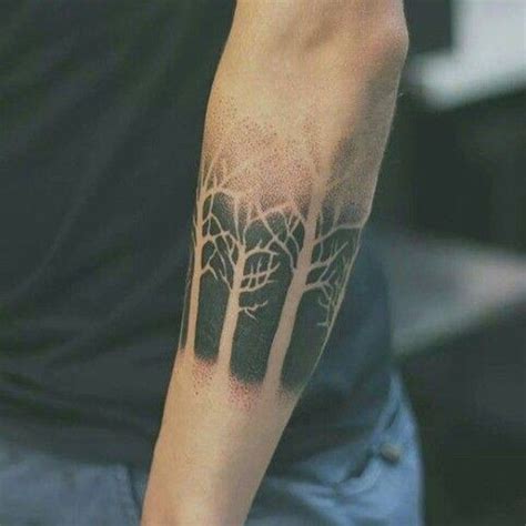 Man With Negative Space Black Ink Forearm Tattoo Of Trees Tattoos Arm Mann Trendy Tattoos Body