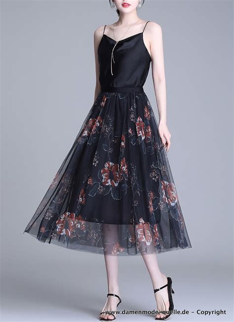 Neuheiten 2024 A Linie Chiffon Sommer Rock In Schwarz Mit Blumen