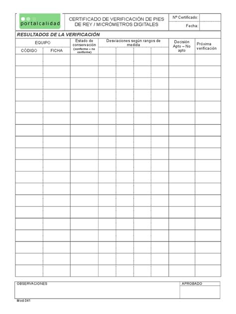 Formato De Verificacion Vernier Calibración Tecnología Prueba