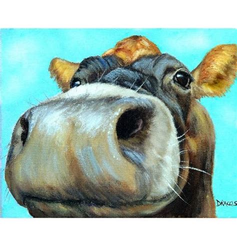 Curious Jersey Cow Art Print Very Curious Cow On Light Blue Etsy