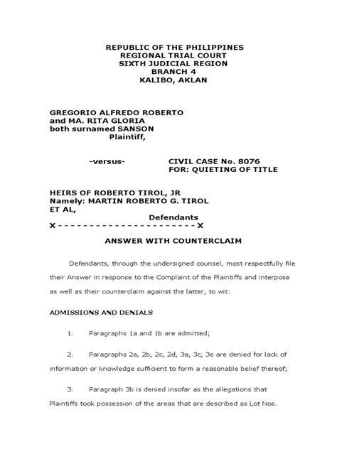 Sample Answer To Civil Complaint Pdf Lawsuit Title Property