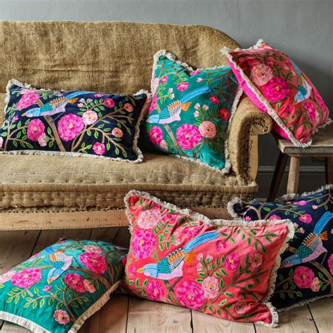 Songbird Square Embroidered Velvet Cushions | Graham and Green