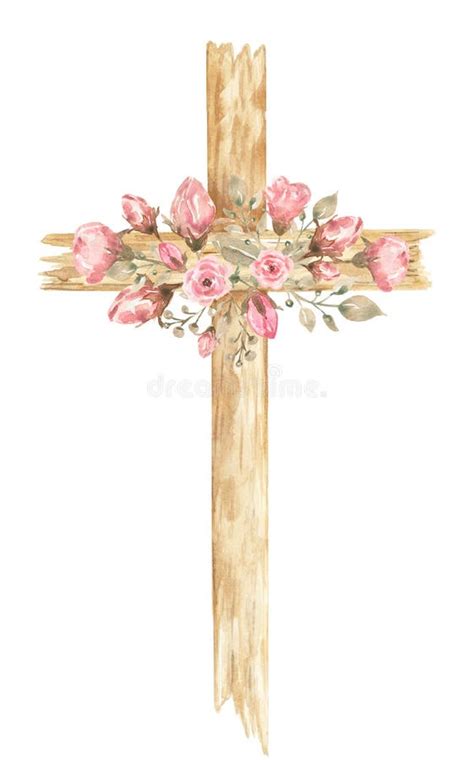 Cruz De Madera De Color De Agua De Clipart Cruz Con Flores Rosadas