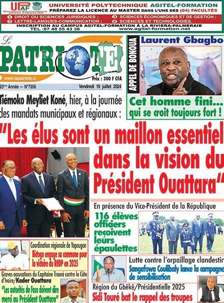 Titrologie De Le Patriote N7356 Du Vendredi 19 Juillet 2024 Abidjan