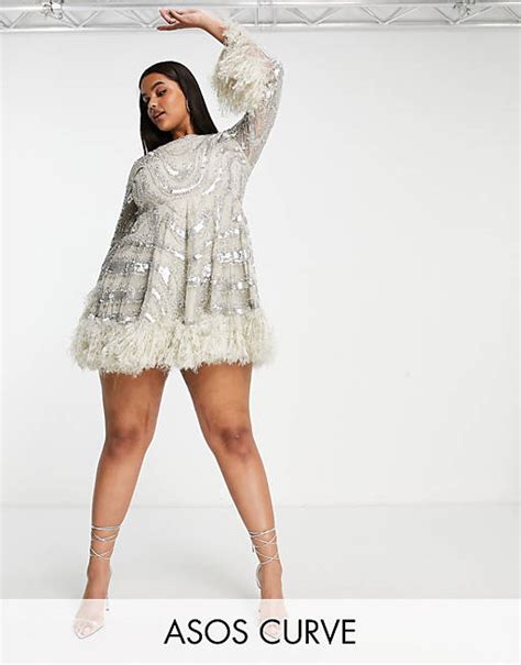 Asos Edition Curve Long Sleeve Embellished Waisted Mini Dress With Faux Feather Trim In Silver