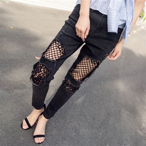 New Fashion Women Jeans Retro Style Lace Grid Ripped Hole Denim