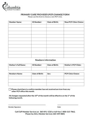 Fillable Online Primary Care Provider Pcp Change Form Newborn Fax