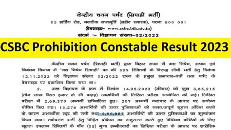 Bihar Police Prohibition Constable Result 2023 At Csbc Bih Nic In