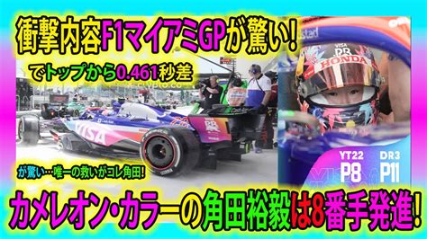 【f1速報】衝撃内容f1マイアミgpが驚い！カメレオン・カラーの角田裕毅は8番手発進！でトップから0461秒差唯一の救いがコレ角田