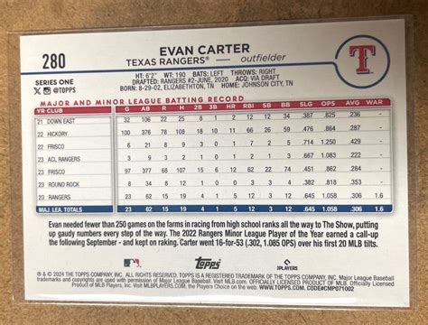 2024 Topps Series 1 Evan Carter Base Rookie Card RC 280 Texas