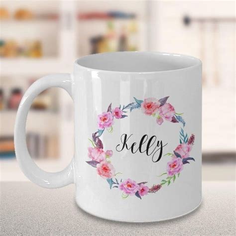 Floral Wreath Name Coffee Mug Pink Peony Floral Frame Etsy Mugs