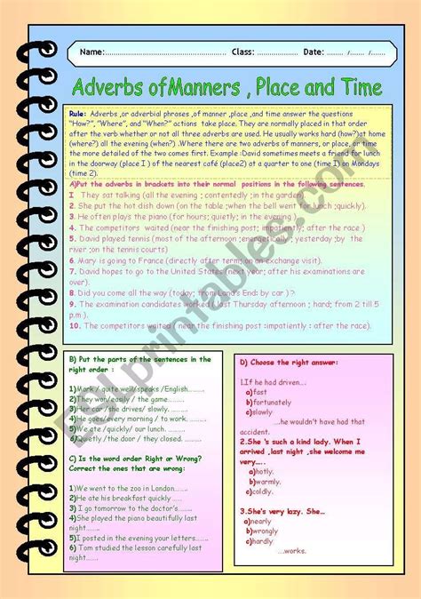 Various Exercises Concerning The Word Order Of Adverbs Of Manner Place And Time Key Included