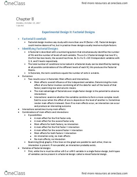 PSYC 2030 Textbook Notes Fall 2017 Chapter 8 Factorial Experiment