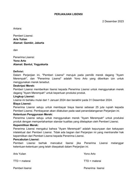 Contoh Surat Perjanjian Lisensi Merek Formatnya