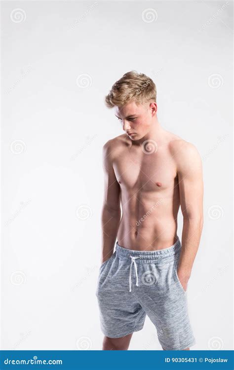 Handsome Shirtless Fitness Man Arms Crossed Studio Shot Stock Image