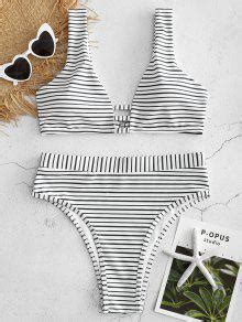 Off High Cut Striped Bikini Set In White Zaful