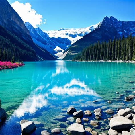 A Lake With Rocks And Trees In The Background And A Mountain In The