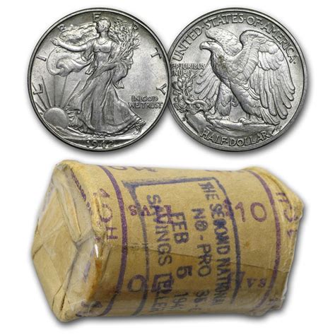 1942 D Walking Liberty Half Dollar 20 Coin Roll Bu Bank Roll Walking Liberty Half Dollars