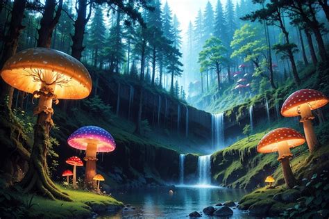 Premium Photo A Painting Of Mushrooms And A Waterfall With A