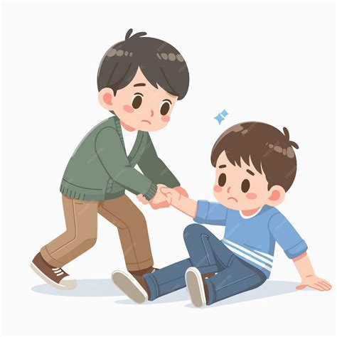 Vector of little boy helping his friend who fell to the floor | Premium
