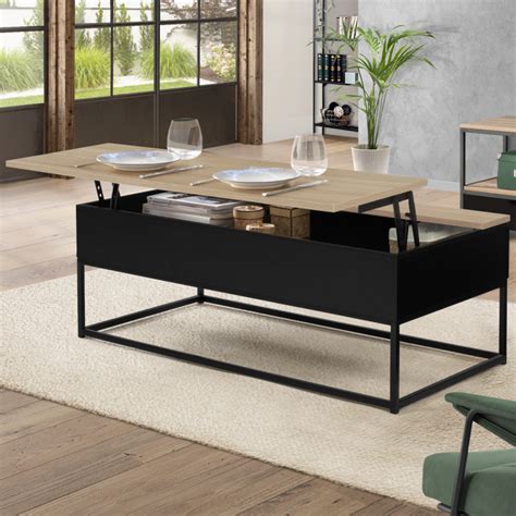 Table basse industrielle noire plateau relevable bois façon hêtre