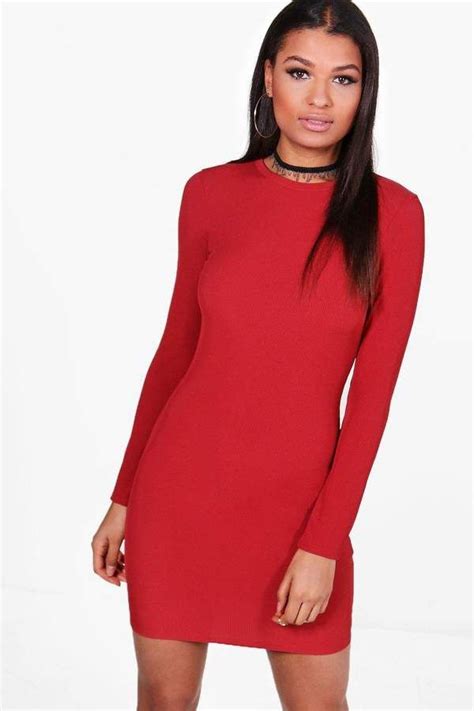 Boohoo Ribbed Basic Long Sleeve Bodycon Dress Bodycon Dress Long