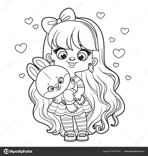 Cute Cartoon Long Haired Girl Big Bunny Hands Outlined Coloring Stock