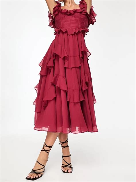 Flutter Sleeve Ruched Corset Detail Tiered Midi Dress In Berry Crocszone