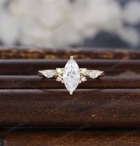 Marquise Cut Engagement Ring Unique Yellow Gold Engagement Ring Vintage ...