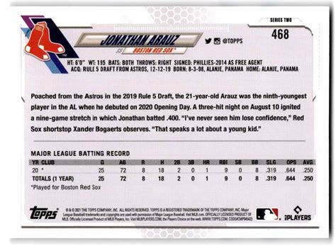 2021 Topps Series 2 Jonathan Arauz Rookie Boston Red Sox 468 EBay