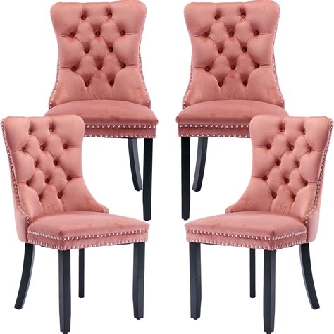 Oduse Daily Set Of 4 Upholstered Pink Velvet Dining Chairs Solid Wood