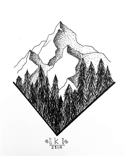 Pen drawing of mountain range with forest | Mountain drawing, Sketch book, Mountain tattoo