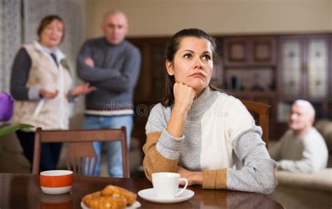 Upset Woman After Quarrel With Husband And Parents Stock Image Image