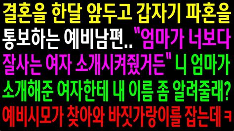 실화사연결혼을 한 달 앞두고 시모한테 여자를 소개 받았다며 파혼하자는 예비남편시모가 소개시켜준 여자가 내 정체를 밝히자