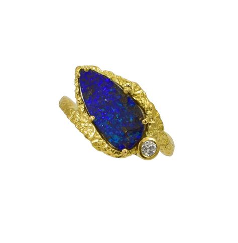 Opal And Diamond Organic Textured Gold Ring Dalia Daou Jewellery London