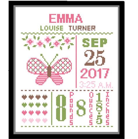 1 Cross Stitch Custom Pattern Baby Girl Personalised Birth Etsy