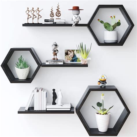 Wooden Hexagon Floating Shelves Wall Mounted Set Of 6 Pine Wood Hexagon Shelves Display For