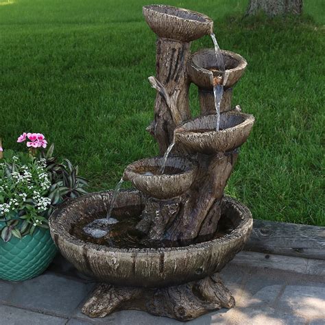 Sunnydaze Outdoor Five Tier Wooden Bowl Water Fountain With Led Lights