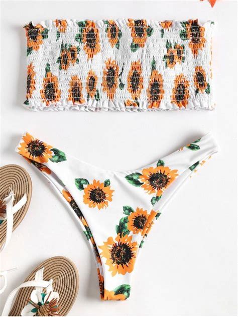 Strapless Sunflower Smocked Bikini Multi Bikinis L Zaful