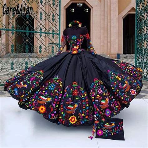 Mexican Charro Quinceanera Dress Long Sleeves Off Shoulder Flowers Emb