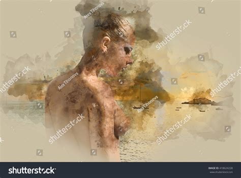 Digital Watercolor Painting Naked Woman Against Stock Illustration Shutterstock