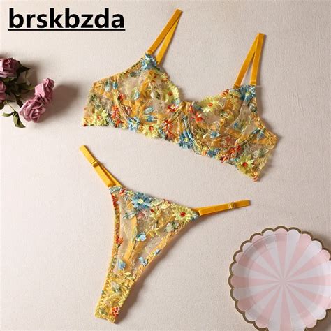 Brskbzda Delicado Bordados Lingerie Set Mulheres 2 Pe A Sexy Bra Kit Amarelo Luxo Lace Fantasia
