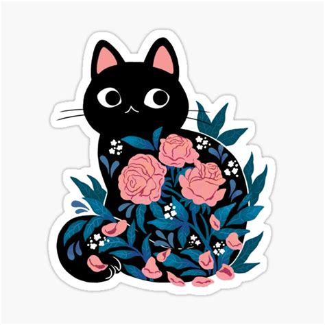 Black Cat In Prink Roses Sticker For Sale By Michelledraws Redbubble