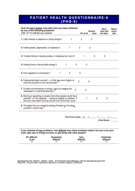 Patient Health Questionnaire 9 Phq 9 Templateform Gad 7 Printable