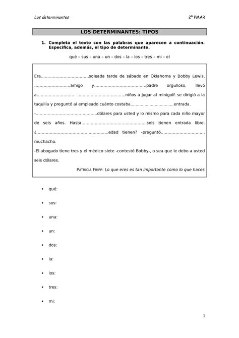Los Determinantes 2º Pmar Los Determinantes Tipos 1 Completa El